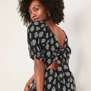Old Navy Black Floral Puff Sleeve Cutout Tie-Back Mini Swing Dress